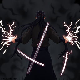 An animated image of a man standing with his back facing the viewer, showcasing a powerful black aura surrounding him