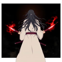 An animated image of a man standing with his back facing the viewer, showcasing a powerful black aura surrounding him