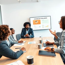 A dynamic scene depicting diverse professionals engaged in a meeting about change management
