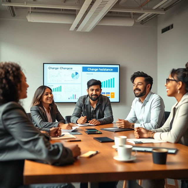 A dynamic scene depicting diverse professionals engaged in a meeting about change management