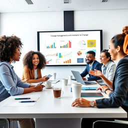 A dynamic scene depicting diverse professionals engaged in a meeting about change management