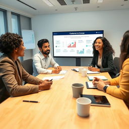 A dynamic scene depicting diverse professionals engaged in a meeting about change management