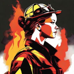 This is a colored sketch of a Caucasian female firefighter with brown hair neatly tied in a bun