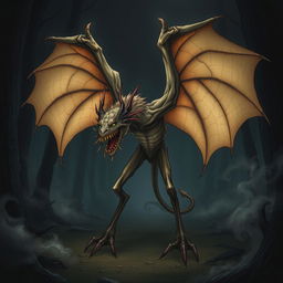 An illustration of a fantastical creature featuring large, membranous wings that are semi-transparent and intricately veined