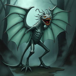 An illustration of a fantastical creature featuring large, membranous wings that are semi-transparent and intricately veined