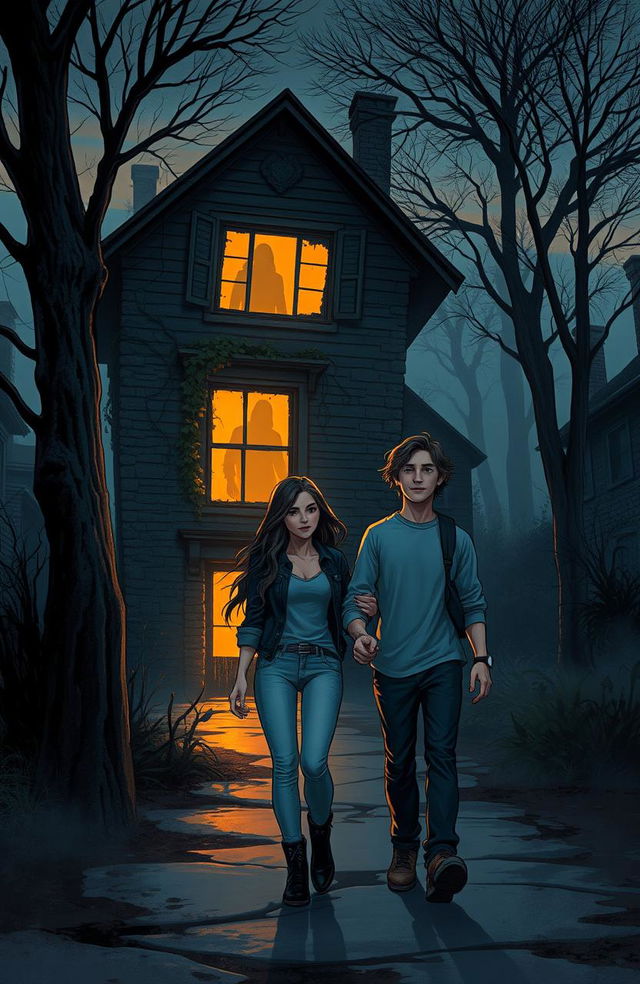 Two friends, a young man and a young woman, walk towards a mysterious old house at dusk in a rarely visited part of town