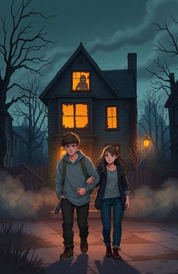 Two friends, a young man and a young woman, walk towards a mysterious old house at dusk in a rarely visited part of town