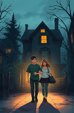 Two friends, a young man and a young woman, walk towards a mysterious old house at dusk in a rarely visited part of town