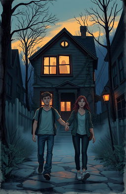 Two friends, a young man and a young woman, walk towards a mysterious old house at dusk in a rarely visited part of town
