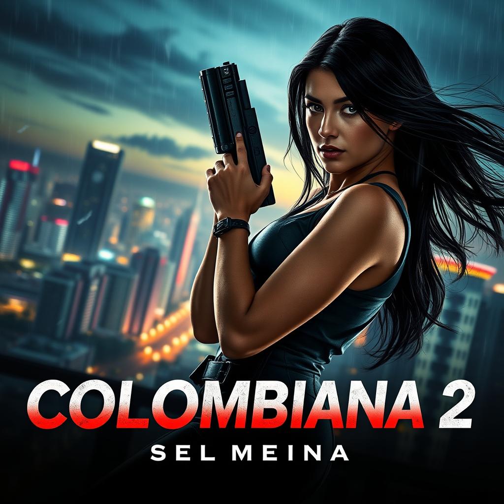 A cinematic poster for 'Colombiana 2 (2024)', featuring a fierce female assassin in an urban setting