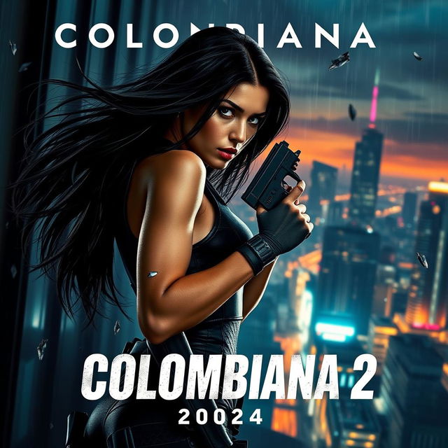 A cinematic poster for 'Colombiana 2 (2024)', featuring a fierce female assassin in an urban setting