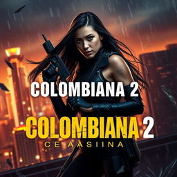 A cinematic poster for 'Colombiana 2 (2024)', featuring a fierce female assassin in an urban setting