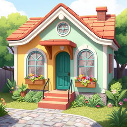 A 2D illustration of a charming little house created in a 1:1 aspect ratio, inspired by the delightful aesthetics of the game Townscaper