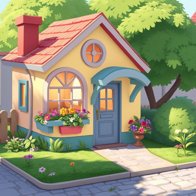 A 2D illustration of a charming little house created in a 1:1 aspect ratio, inspired by the delightful aesthetics of the game Townscaper