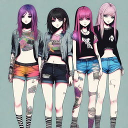 A digital art image portrays a group of fashionable emo girls