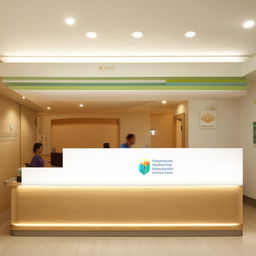 A hospital reception measuring 15' x 35' equipped with a sleek and practical cash counter. The area is well-lit, inviting, and designed with easily navigatable spaces.