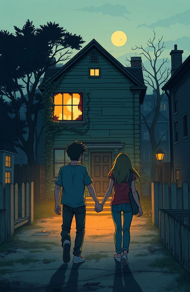 Two friends, a young man and a young woman, walking towards a mysterious old house in a rarely visited corner of town at dusk