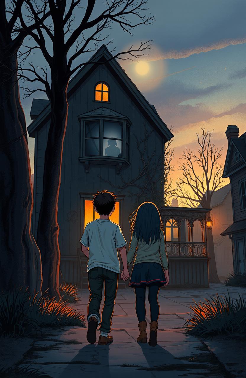 Two friends, a young man and a young woman, walking towards a mysterious old house in a rarely visited corner of town at dusk