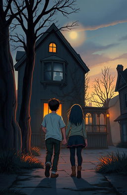 Two friends, a young man and a young woman, walking towards a mysterious old house in a rarely visited corner of town at dusk