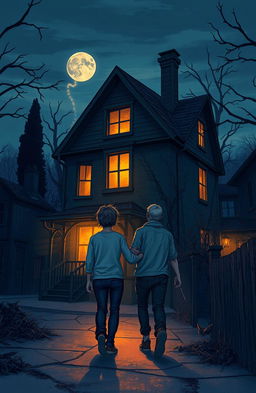 Two friends, a young man and a young woman, walking towards a mysterious old house in a rarely visited corner of town at dusk