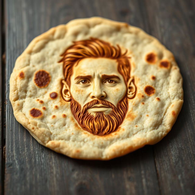 A detailed close-up image of a flat Indian roti, with the intricate and recognizable facial features of Lionel Messi artfully imprinted onto the surface