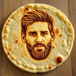 A detailed close-up image of a flat Indian roti, with the intricate and recognizable facial features of Lionel Messi artfully imprinted onto the surface