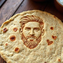 A detailed close-up image of a flat Indian roti, with the intricate and recognizable facial features of Lionel Messi artfully imprinted onto the surface