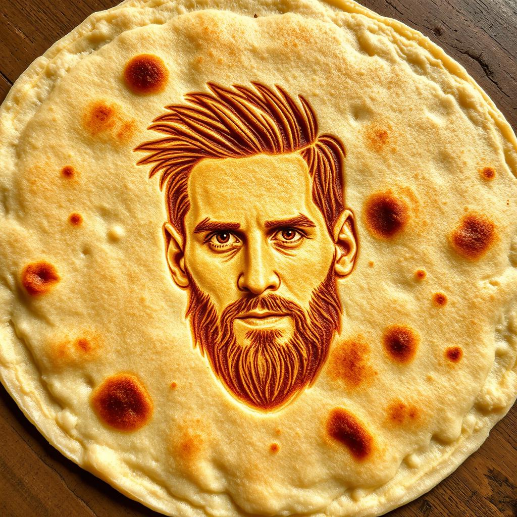 A detailed close-up image of a flat Indian roti, with the intricate and recognizable facial features of Lionel Messi artfully imprinted onto the surface