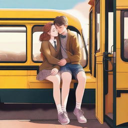 A high-quality digital art image vividly portrays a 14-year-old British girl on a school bus, amidst a school trip