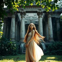 A beautiful young woman standing gracefully in front of an ancient, intricately designed temple