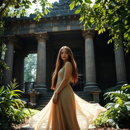 A beautiful young woman standing gracefully in front of an ancient, intricately designed temple