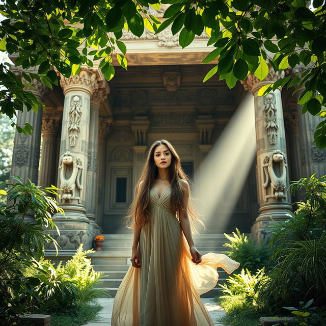 A beautiful young woman standing gracefully in front of an ancient, intricately designed temple