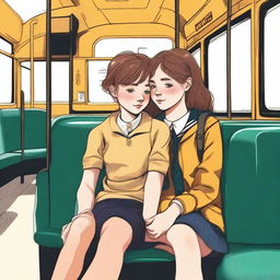 A high-quality digital art image vividly portrays a 14-year-old British girl on a school bus, amidst a school trip