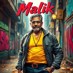 A vibrant and dynamic movie poster for a fictional film titled 'Malik', featuring a charismatic middle-aged man of South Asian descent named Malik, wearing stylish urban clothing