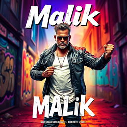 A vibrant and dynamic movie poster for a fictional film titled 'Malik', featuring a charismatic middle-aged man of South Asian descent named Malik, wearing stylish urban clothing