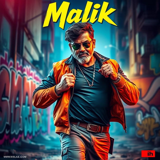 A vibrant and dynamic movie poster for a fictional film titled 'Malik', featuring a charismatic middle-aged man of South Asian descent named Malik, wearing stylish urban clothing