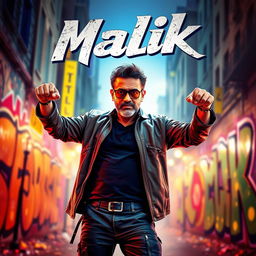 A vibrant and dynamic movie poster for a fictional film titled 'Malik', featuring a charismatic middle-aged man of South Asian descent named Malik, wearing stylish urban clothing