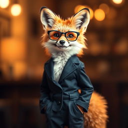 A fox standing confidently in the middle of the frame, dressed in a stylish pantsuit