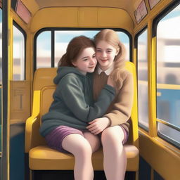 A high-quality digital art image vividly portrays a 14-year-old British girl on a school bus, amidst a school trip