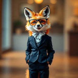 A fox standing confidently in the middle of the frame, dressed in a stylish pantsuit