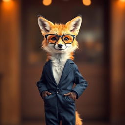 A fox standing confidently in the middle of the frame, dressed in a stylish pantsuit