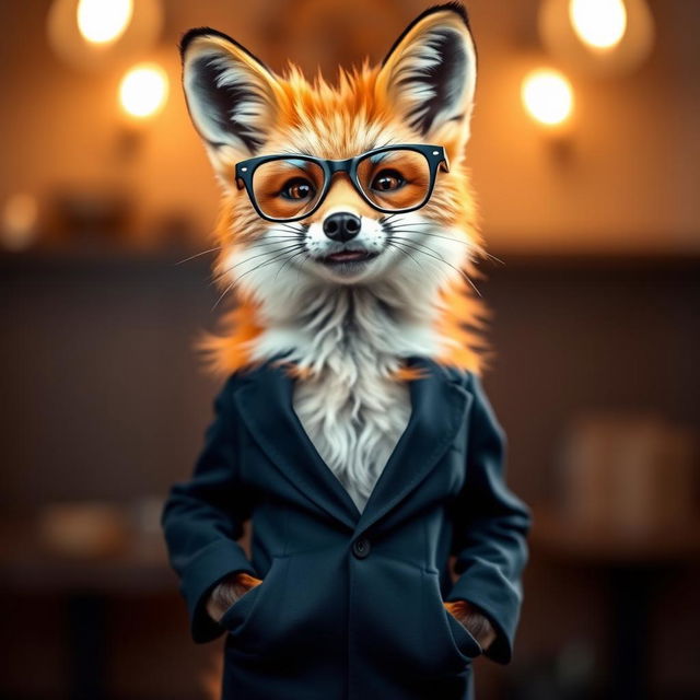 A fox standing confidently in the middle of the frame, dressed in a stylish pantsuit