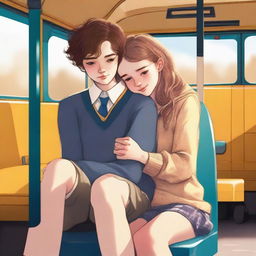 A high-quality digital art image vividly portrays a 14-year-old British girl on a school bus, amidst a school trip