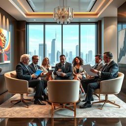 A group of diverse billionaires in a luxurious conference room, discussing wealth-building strategies
