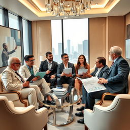 A group of diverse billionaires in a luxurious conference room, discussing wealth-building strategies