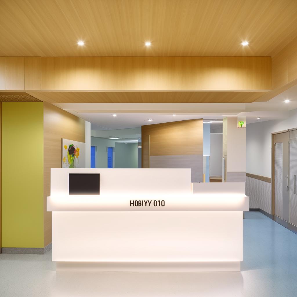 A hospital reception measuring 15' x 35' equipped with a sleek and practical cash counter. The area is well-lit, inviting, and designed with easily navigatable spaces.