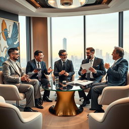 A group of diverse billionaires in a luxurious conference room, discussing wealth-building strategies