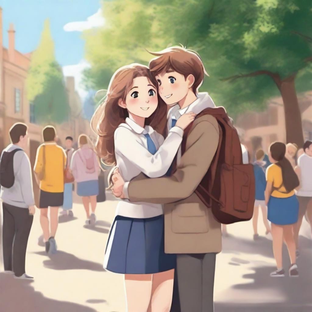 A high-quality digital art image captures a heartwarming moment of a 14-year-old British girl on a school trip