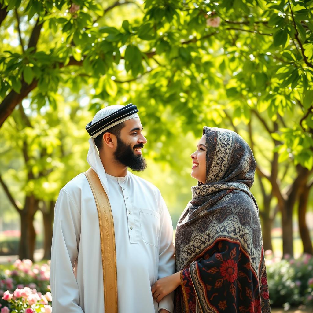 An Arab Muslim couple, the man wearing a traditional thobe and kufi cap, and the woman wearing a beautifully patterned hijab, standing together in a scenic park full of vibrant green trees and blooming flowers