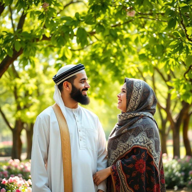 An Arab Muslim couple, the man wearing a traditional thobe and kufi cap, and the woman wearing a beautifully patterned hijab, standing together in a scenic park full of vibrant green trees and blooming flowers